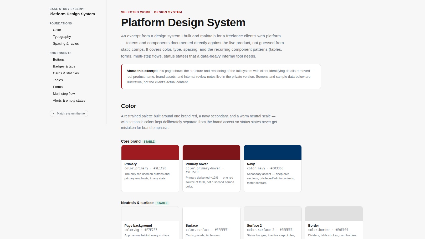 Platform design system documentation — color tokens, typography, and component specs
