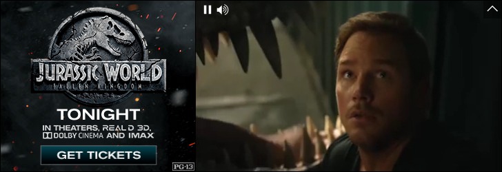 Jurassic World: Fallen Kingdom auto-expanding HTML5 banner, expanded state with trailer video